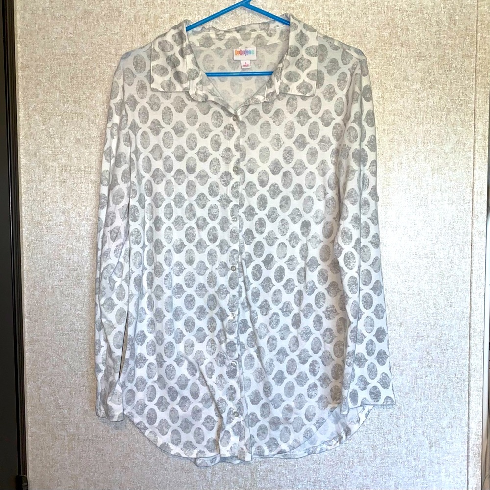 LuLaRoe Women’s Valentina Collared Button Down Geometric Print Grey Size S